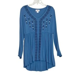 Ariat Womens Blue Embroidered Studded Empire Waist High Low Tunic Top Medium